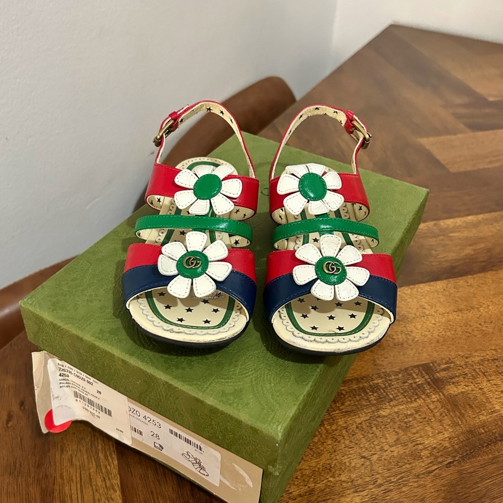 Gucci Red Blue Green Kids Sandals with White Floral Accents Size 28 EU